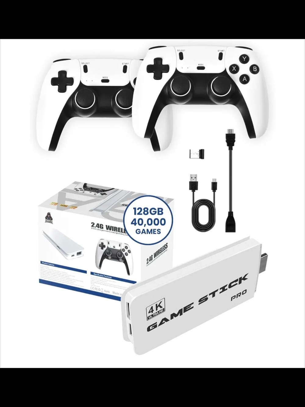 White Wireless Game Controllers and 4K Game Stick Pro Bundle New